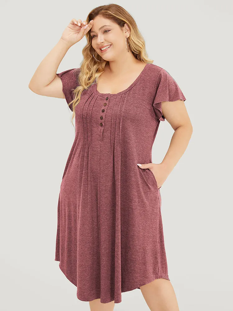 Plain Pleated Ruffle Sleeve Pocket Button Up Curved Hem Dress sold by Bloomchic product image thumbnail 3