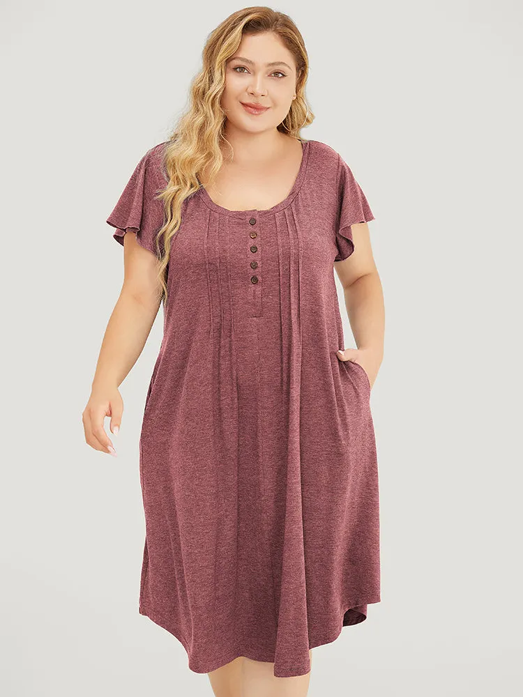 Plain Pleated Ruffle Sleeve Pocket Button Up Curved Hem Dress sold by Bloomchic product image thumbnail 2