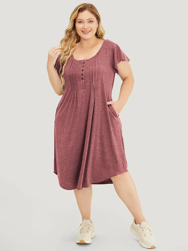 Plain Pleated Ruffle Sleeve Pocket Button Up Curved Hem Dress sold by Bloomchic product image thumbnail 5