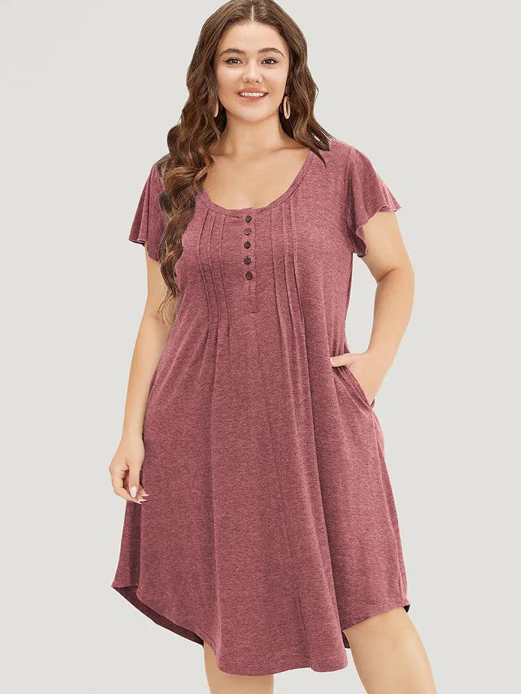 Plain Pleated Ruffle Sleeve Pocket Button Up Curved Hem Dress sold by Bloomchic