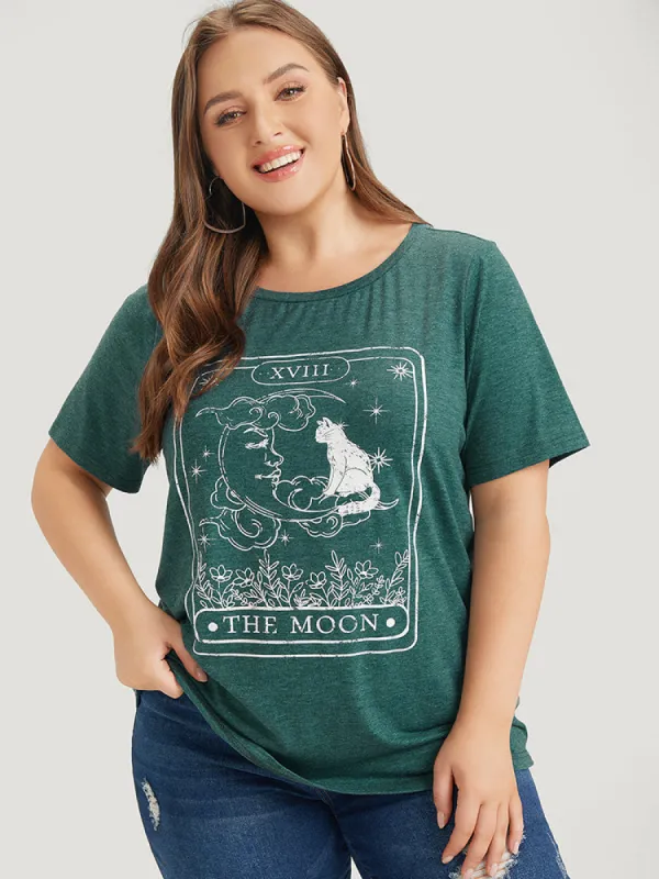 Cat & Moon Print Heather Graphic Tee sold by Bloomchic