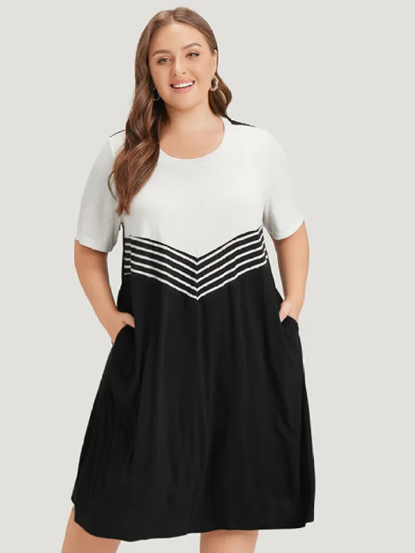 Striped Patchwork Flutter Colorblock Contrast Pocket Dress sold by Bloomchic