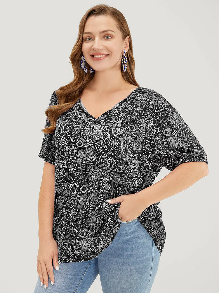 Moroccan Print Keyhole Tie Neck Blouse sold by Bloomchic