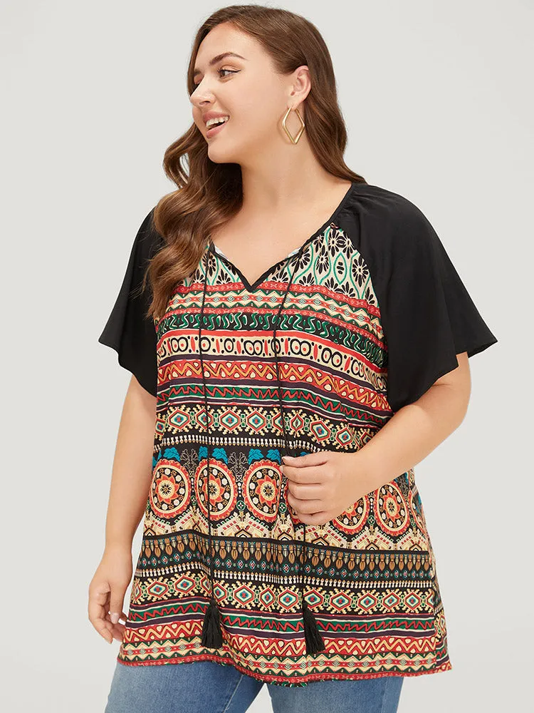 Moroccan Print Raglan Sleeve Tassels Tie Neck Blouse sold by Bloomchic product image thumbnail 3