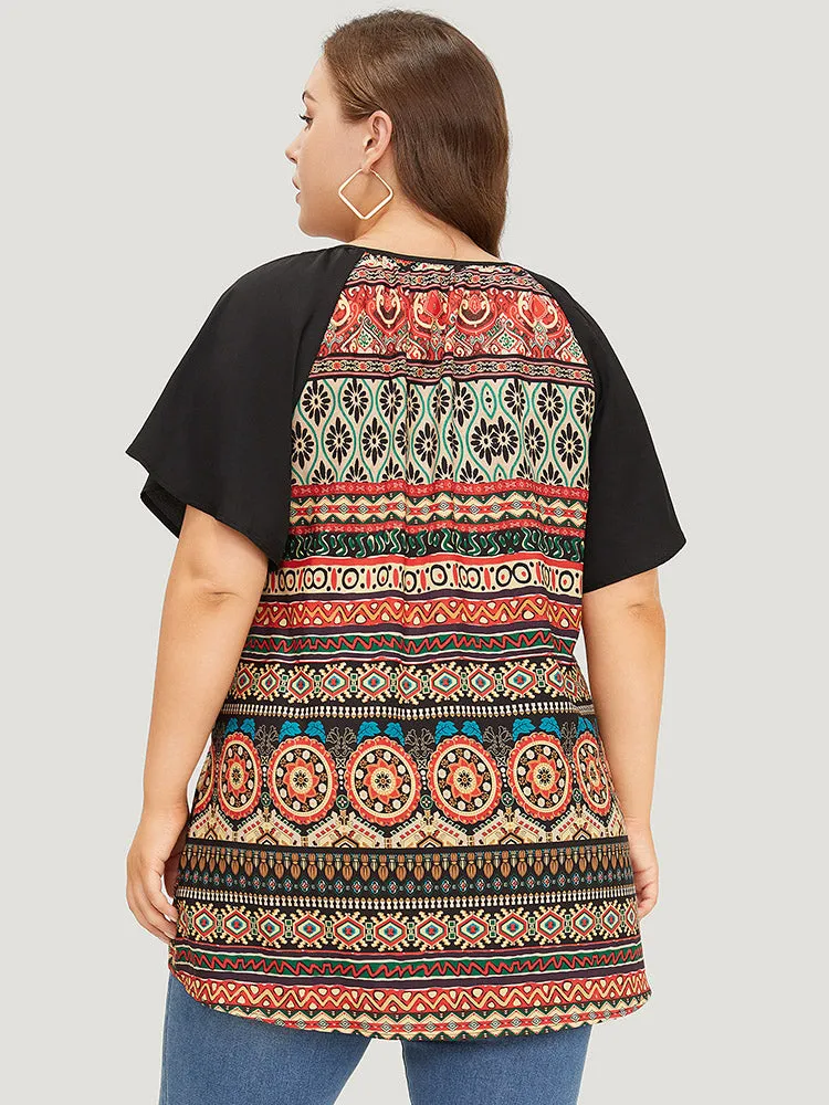 Moroccan Print Raglan Sleeve Tassels Tie Neck Blouse sold by Bloomchic product image thumbnail 2