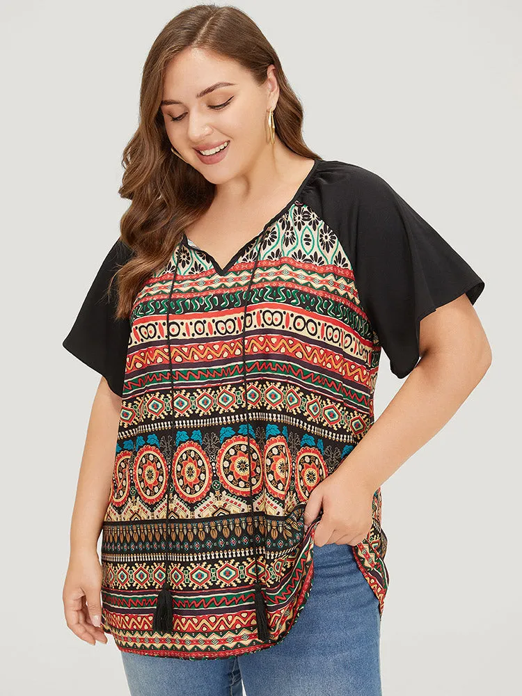 Moroccan Print Raglan Sleeve Tassels Tie Neck Blouse sold by Bloomchic