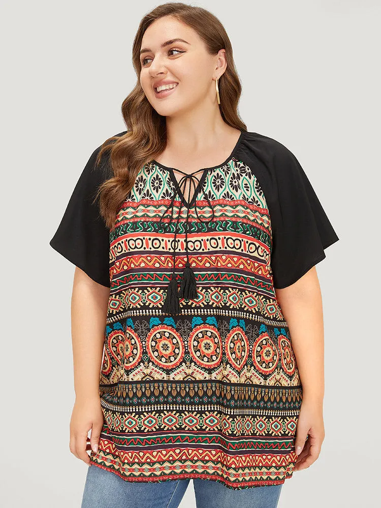 Moroccan Print Raglan Sleeve Tassels Tie Neck Blouse sold by Bloomchic product image thumbnail 5