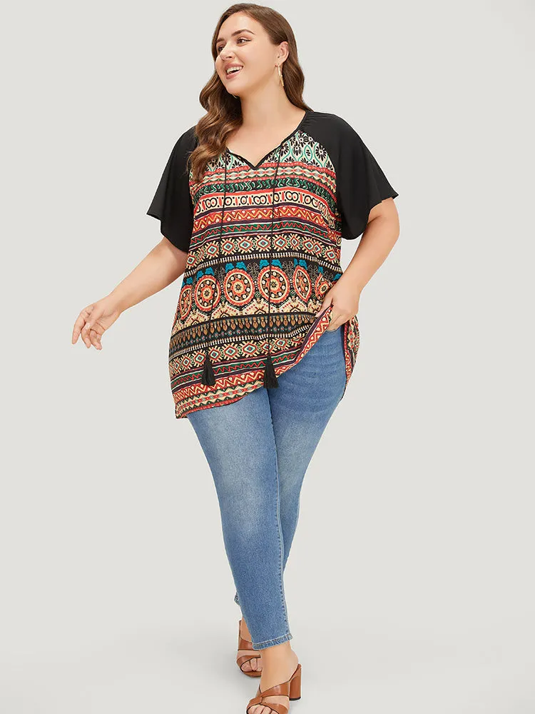 Moroccan Print Raglan Sleeve Tassels Tie Neck Blouse sold by Bloomchic product image thumbnail 4