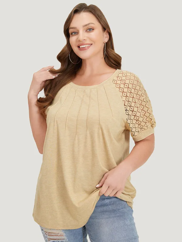 Solid Lace Raglan Sleeve Pleated T-shirt sold by Bloomchic