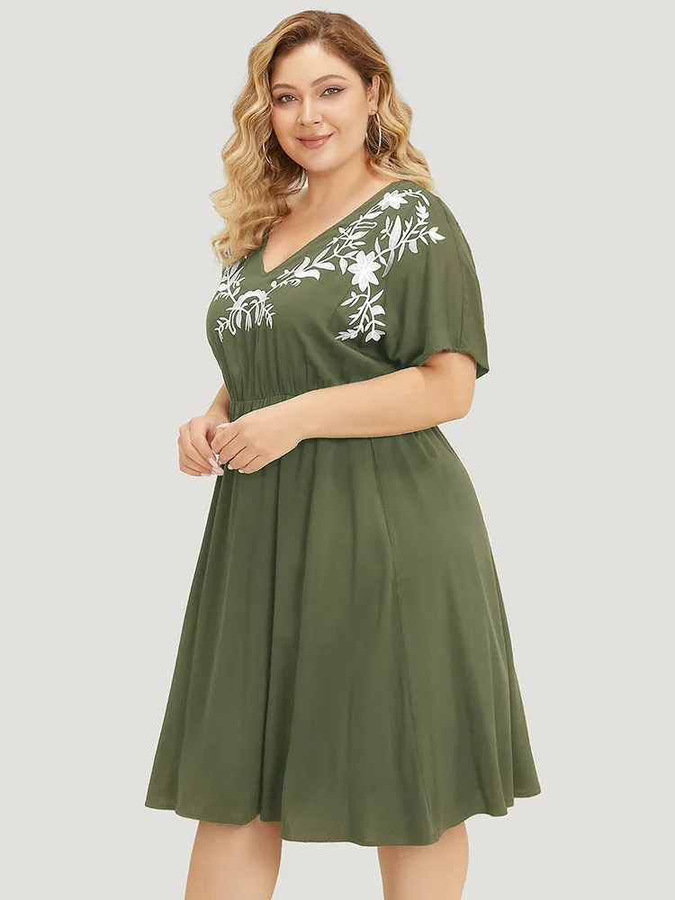 Floral Embroidered Pocket Dolman Sleeve Ruffle Dress sold by Bloomchic product image thumbnail 3
