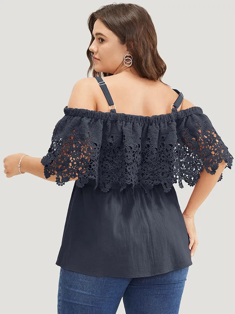 Plain Lace Trim Ruffle Hem Cold Shoulder Blouse sold by Bloomchic product image thumbnail 3