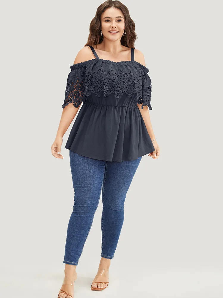 Plain Lace Trim Ruffle Hem Cold Shoulder Blouse sold by Bloomchic product image thumbnail 2