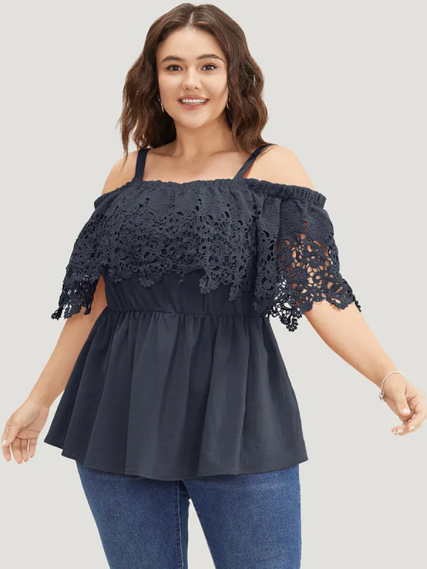 Plain Lace Trim Ruffle Hem Cold Shoulder Blouse sold by Bloomchic
