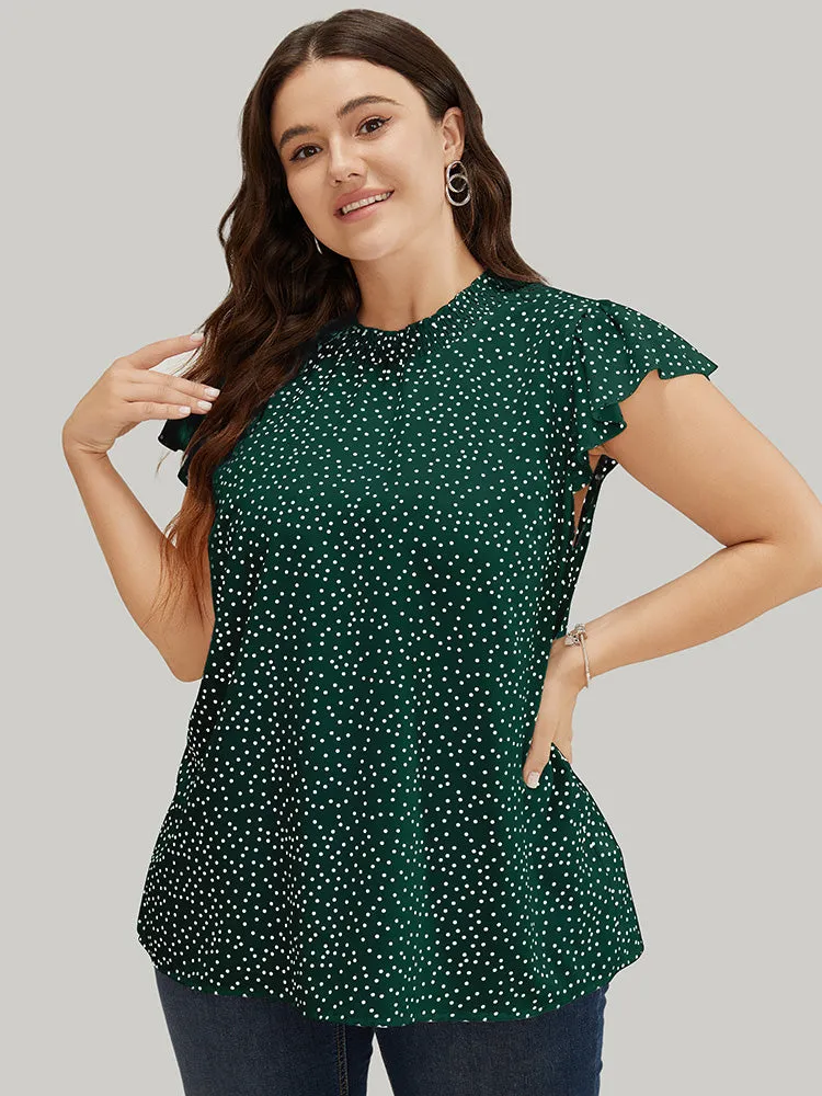 Polka Dot Shirred Mock Neck Cap Sleeve Blouse sold by Bloomchic