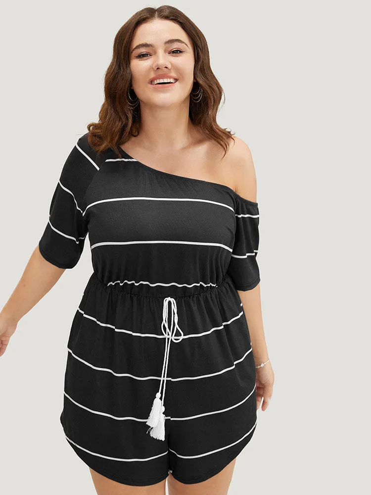 Striped Print Knot Pocket Tassels One Shoulder Romper sold by Bloomchic product image thumbnail 5