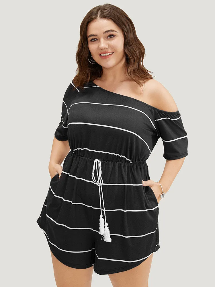 Striped Print Knot Pocket Tassels One Shoulder Romper sold by Bloomchic product image thumbnail 4