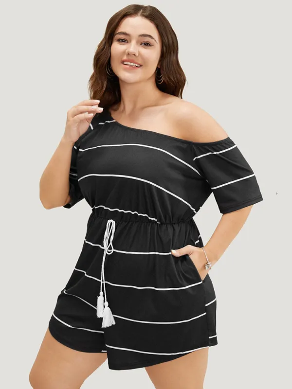 Striped Print Knot Pocket Tassels One Shoulder Romper sold by Bloomchic