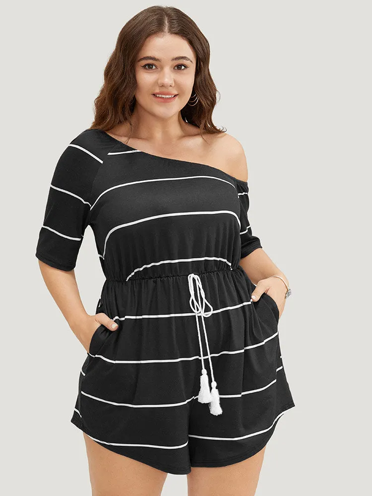 Striped Print Knot Pocket Tassels One Shoulder Romper sold by Bloomchic product image thumbnail 3