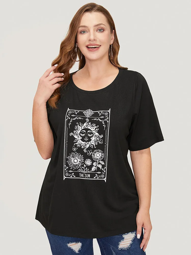 Sunflower & Sun Print Roll Sleeve T-shirt sold by Bloomchic