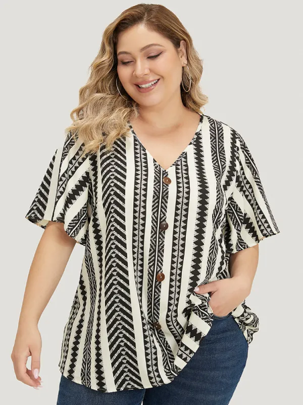 Geometric Print Ruffle Sleeve Button Detail Blouse sold by Bloomchic