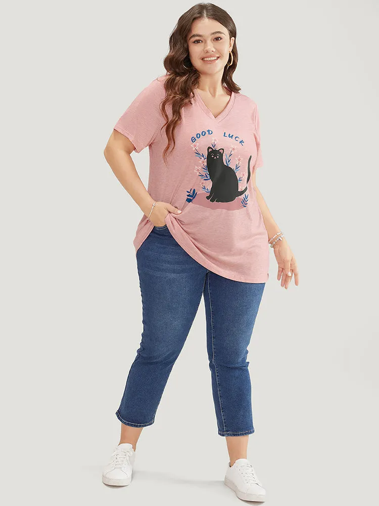 Cat & Floral Print V Neck Heather T-shirt sold by Bloomchic product image thumbnail 4