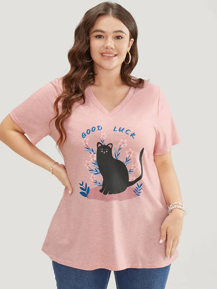 Cat & Floral Print V Neck Heather T-shirt sold by Bloomchic product image thumbnail 5