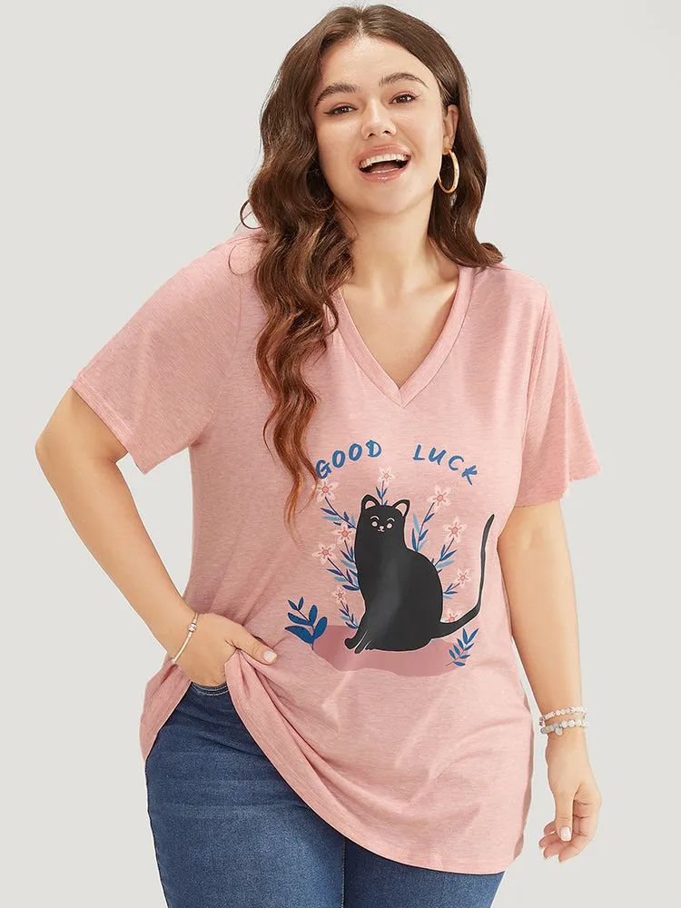 Cat & Floral Print V Neck Heather T-shirt sold by Bloomchic