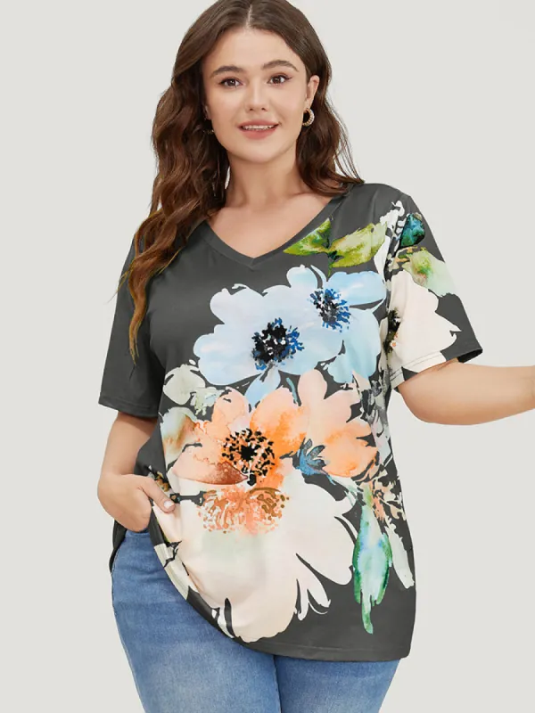 Floral Print Short Sleeve V Neck T-shirt sold by Bloomchic