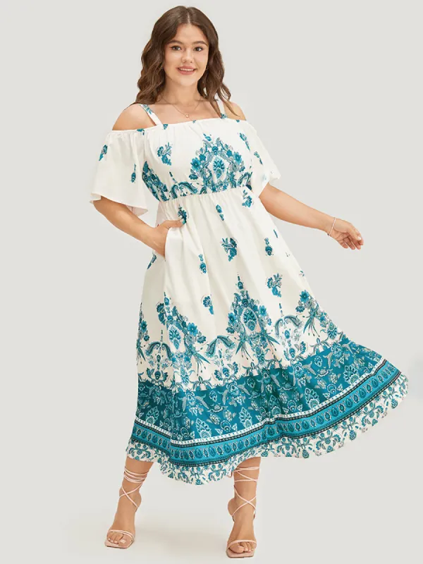 Bandana Print Pocket Cold Shoulder Flutter Hem Dress sold by Bloomchic
