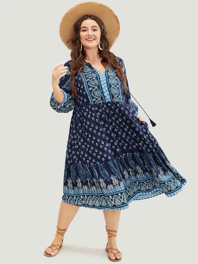 Bandana Print Ruffles Lantern Sleeve Pocket Tassels Tie Neck Dress sold by Bloomchic product image thumbnail 4
