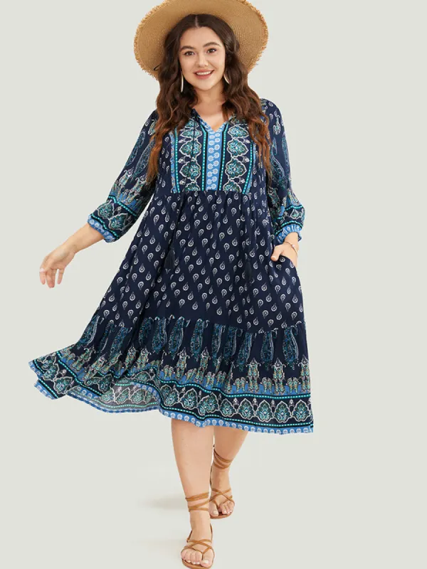 Bandana Print Ruffles Lantern Sleeve Pocket Tassels Tie Neck Dress sold by Bloomchic