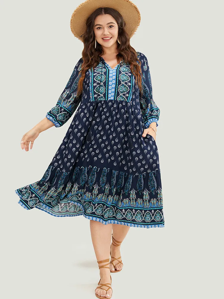 Bandana Print Ruffles Lantern Sleeve Pocket Tassels Tie Neck Dress sold by Bloomchic