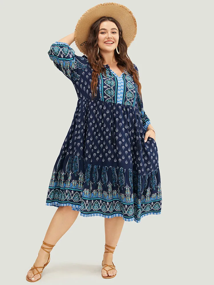 Bandana Print Ruffles Lantern Sleeve Pocket Tassels Tie Neck Dress sold by Bloomchic product image thumbnail 3