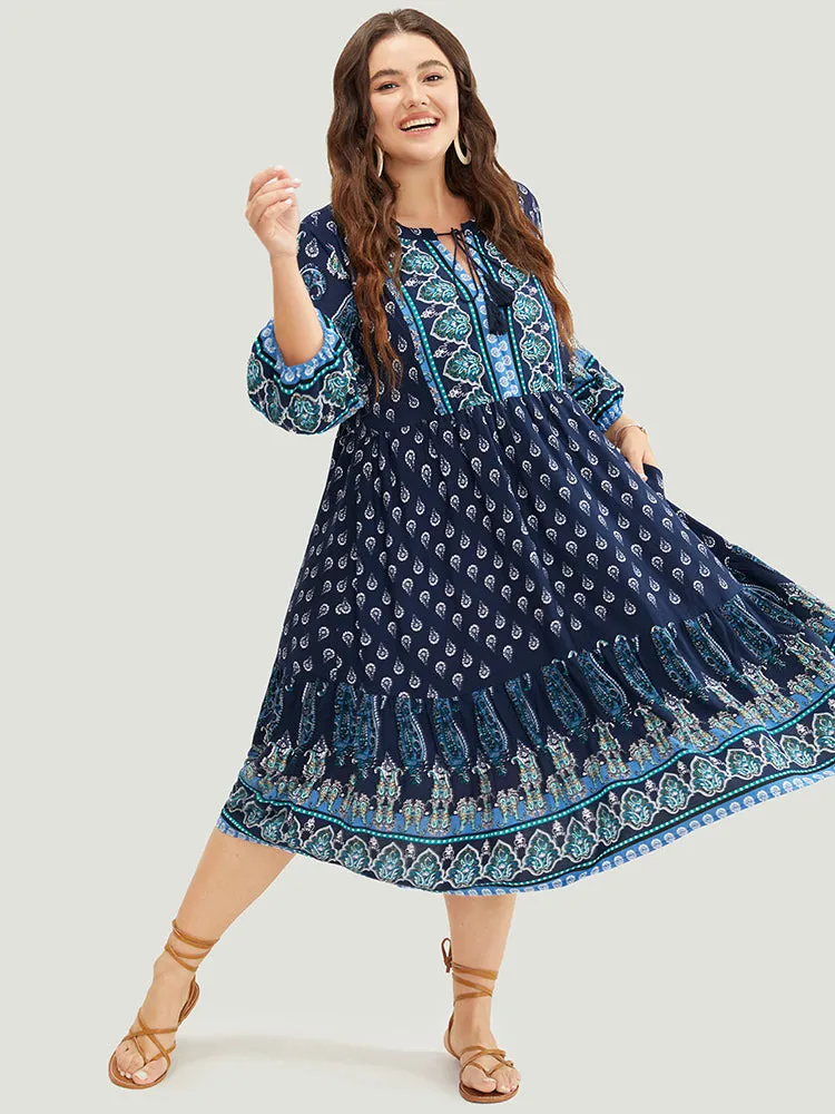 Bandana Print Ruffles Lantern Sleeve Pocket Tassels Tie Neck Dress sold by Bloomchic product image thumbnail 5