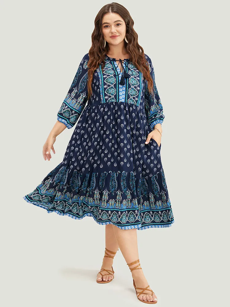 Bandana Print Ruffles Lantern Sleeve Pocket Tassels Tie Neck Dress sold by Bloomchic product image thumbnail 2