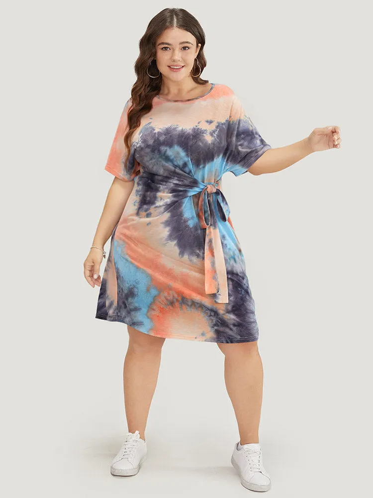 Tie Dye Pocket Knotted Front Batwing Sleeve Knee Dress sold by Bloomchic