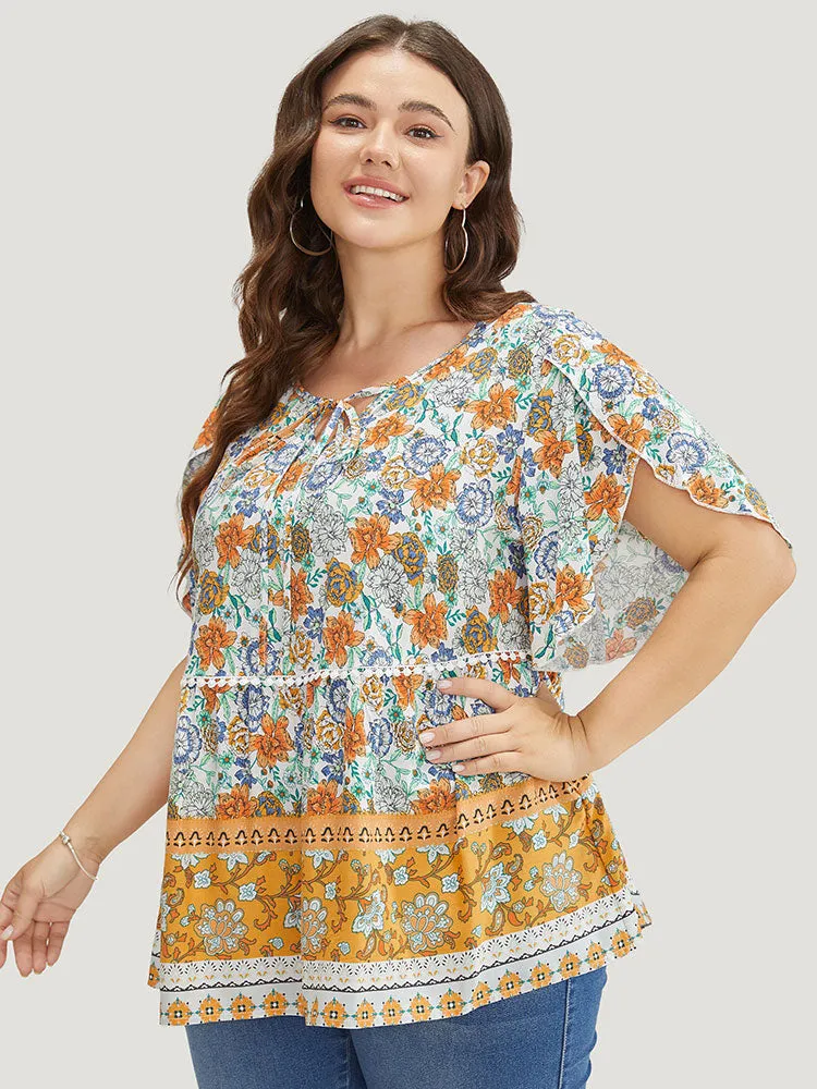 Bandana Print Petal Sleeve Tie Neck Pompom Trim Blouse sold by Bloomchic product image thumbnail 5