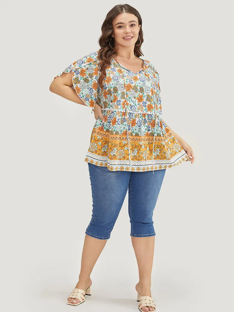 Bandana Print Petal Sleeve Tie Neck Pompom Trim Blouse sold by Bloomchic product image thumbnail 4
