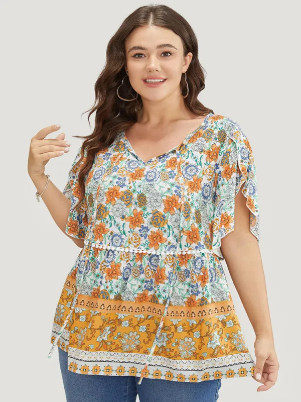 Bandana Print Petal Sleeve Tie Neck  Pompom Trim Blouse sold by Bloomchic