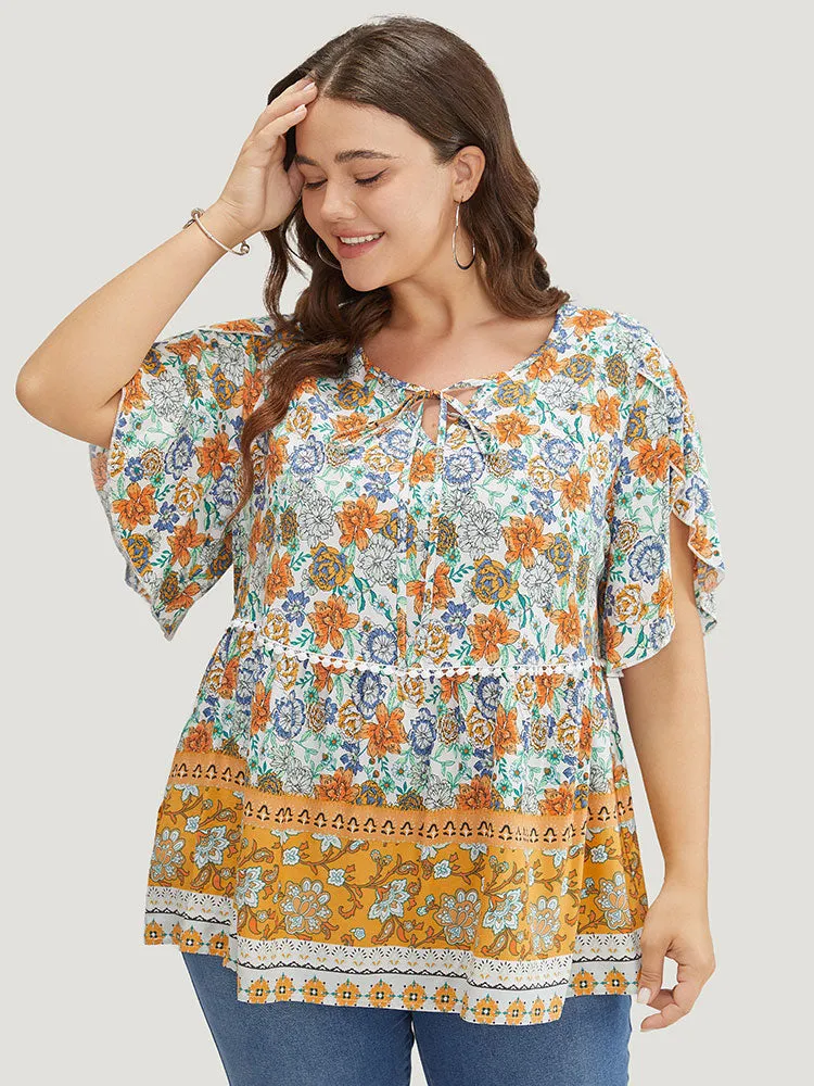 Bandana Print Petal Sleeve Tie Neck Pompom Trim Blouse sold by Bloomchic product image thumbnail 2