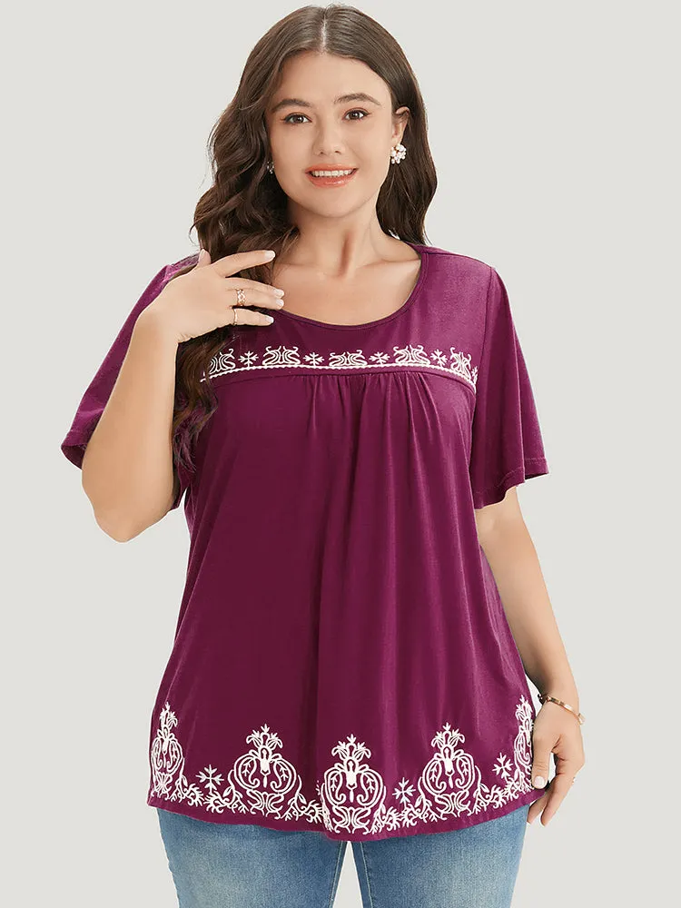 Solid Embroidered Gathered Ruffle Round Neck T-shirt sold by Bloomchic