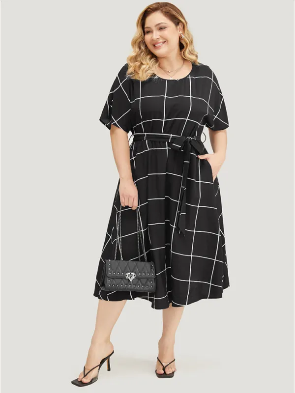 Plaid Print Pocket Belted Ruffle Hem Dolman Sleeve Dress sold by Bloomchic