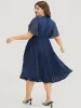 Solid Keyhole Split Chiffon Petal Sleeve Pleated Hem Dress sold by Bloomchic