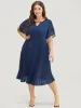 Solid Keyhole Split Chiffon Petal Sleeve Pleated Hem Dress sold by Bloomchic