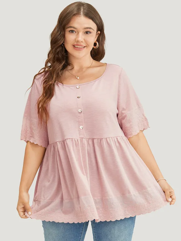 Solid Button Up Lace Scalloped Trim T-shirt sold by Bloomchic