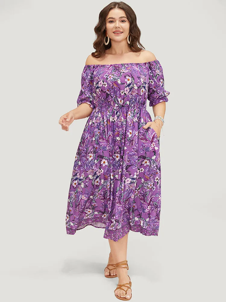 Floral Square Neck Ruffles Pocket Puff Sleeve Midi Dress sold by Bloomchic product image thumbnail 5