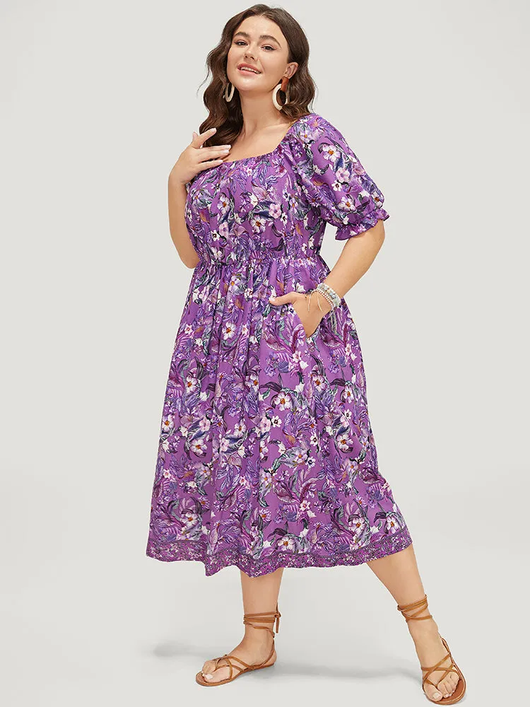 Floral Square Neck Ruffles Pocket Puff Sleeve Midi Dress sold by Bloomchic product image thumbnail 3