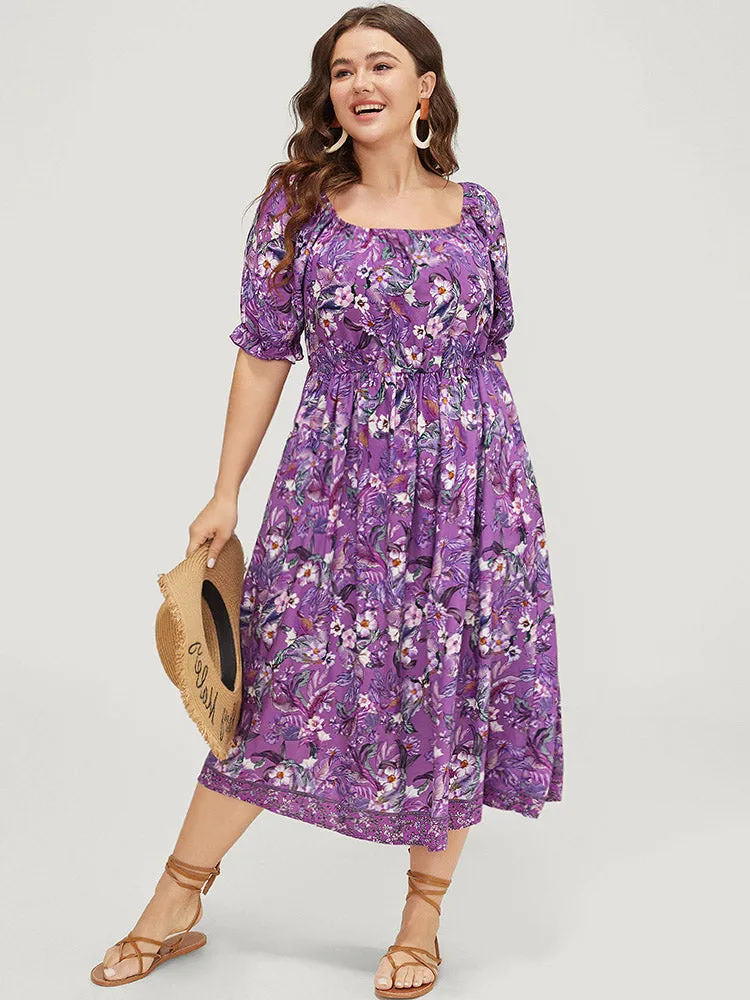Floral Square Neck Ruffles Pocket Puff Sleeve Midi Dress sold by Bloomchic