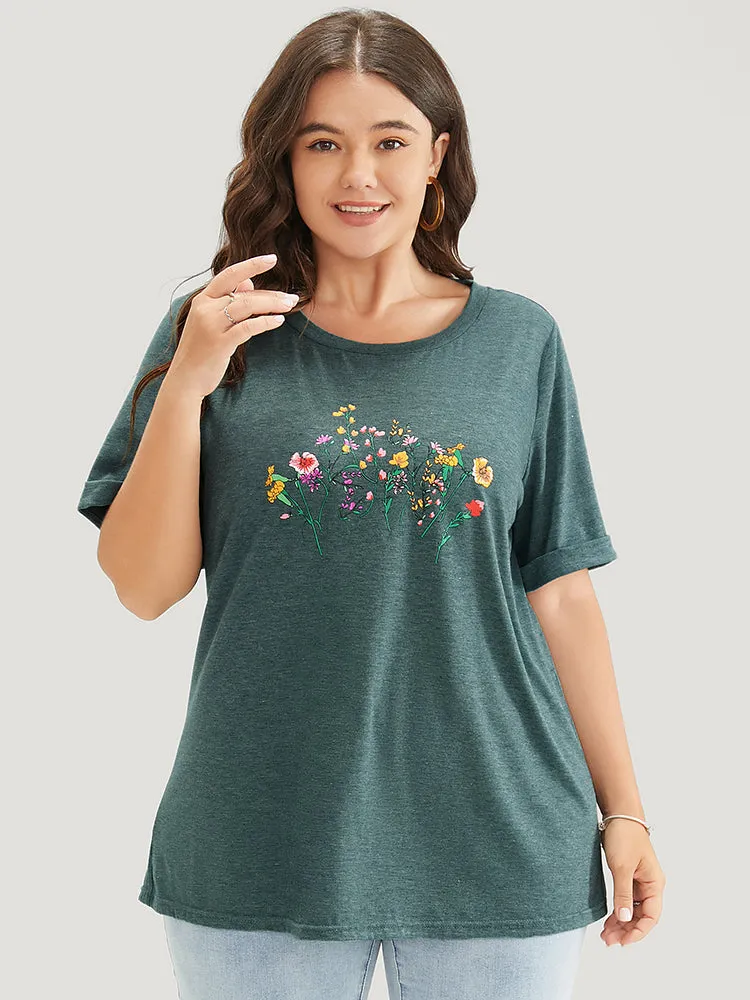 Floral Roll Sleeve Round Neck T-shirt sold by Bloomchic