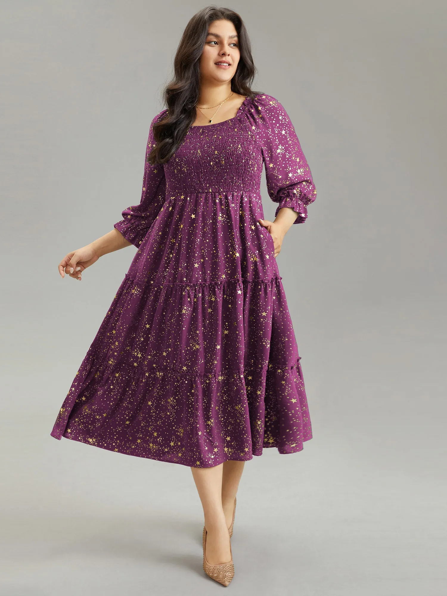 Shirred Star Glitter Frill Trim Raglan Sleeve Dress sold by Bloomchic